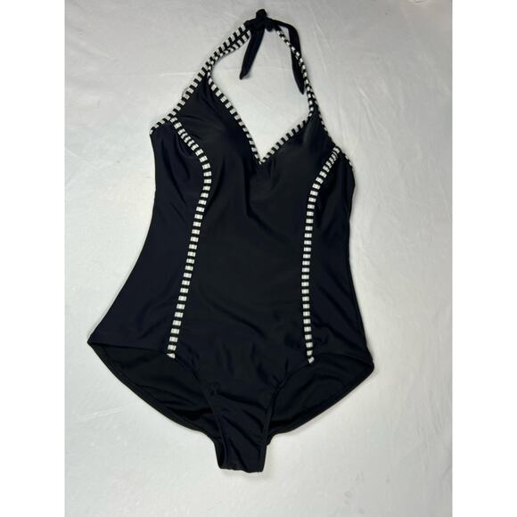 Catalina Swimwear Halter One Piece Swimsuit L 12 - 14 White Stripe - Picture 7 of 8